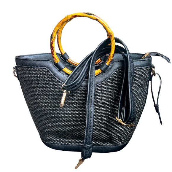 👜 Black Woven Bag with Bamboo Inspired Handles - Picture 3 of 3